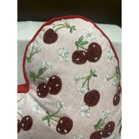 Valentine 16in Beaded Embroidered Cherry Heart Pillow - Picture 8 of 10